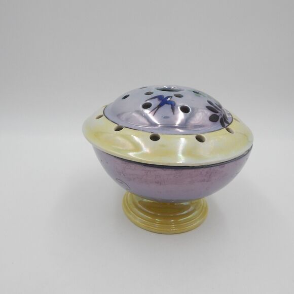 Lusterware Flower Frog Rim Domed Hand Painted Japan Birds Leaves Purple Green - Picture 2 of 16